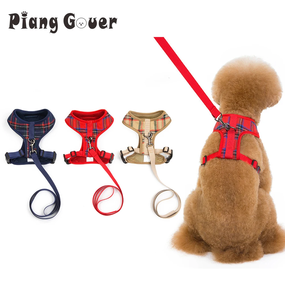 Conjunto de correa de arnés para mascotas a cuadros para perros pequeños, arnés ajustable para cachorros y gatos, chaleco, Bulldog Francés, Chihuahua, Pug, Collar para exteriores