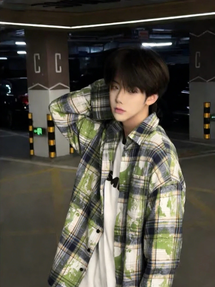

Retro American Dyed Plaid Long Sve Men's irt CleanFit Outerwear Couple's Jaet Casual Sle Spring Season Breathable