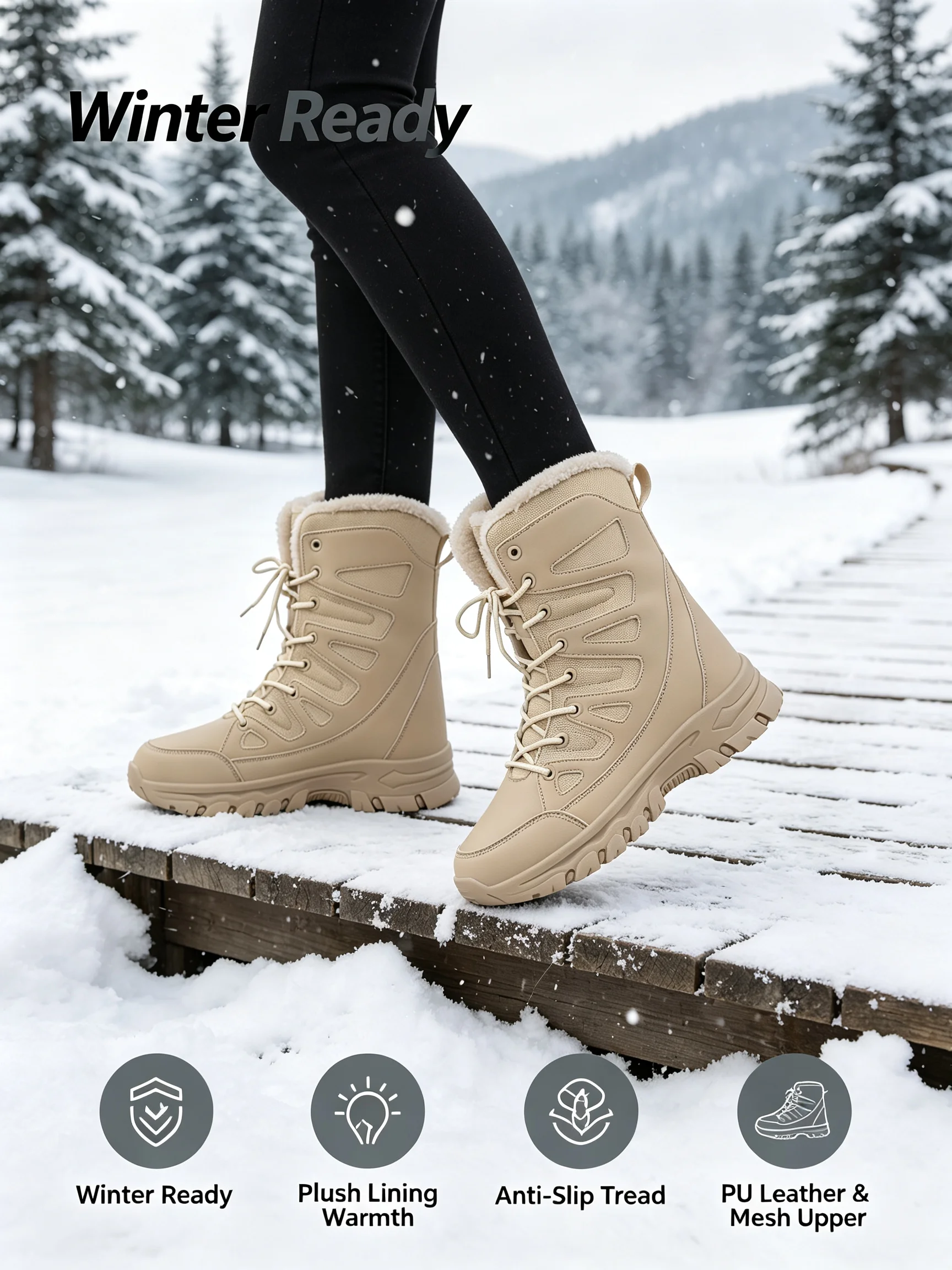 Botas de senderismo para invierno, ideales para actividades al aire libre: forro de felpa artificial para mayor calidez, suela con diseño antideslizante, botas de nieve para mujer, adecuadas para el uso diario y actividades al aire libre.