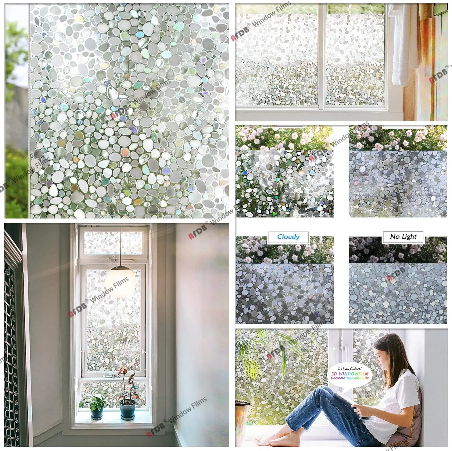 3D Mosaic Rainbow Window Film Privacy UV Protection Static Cling Adhesive Window Stickers for Home Removable Heat Insulation