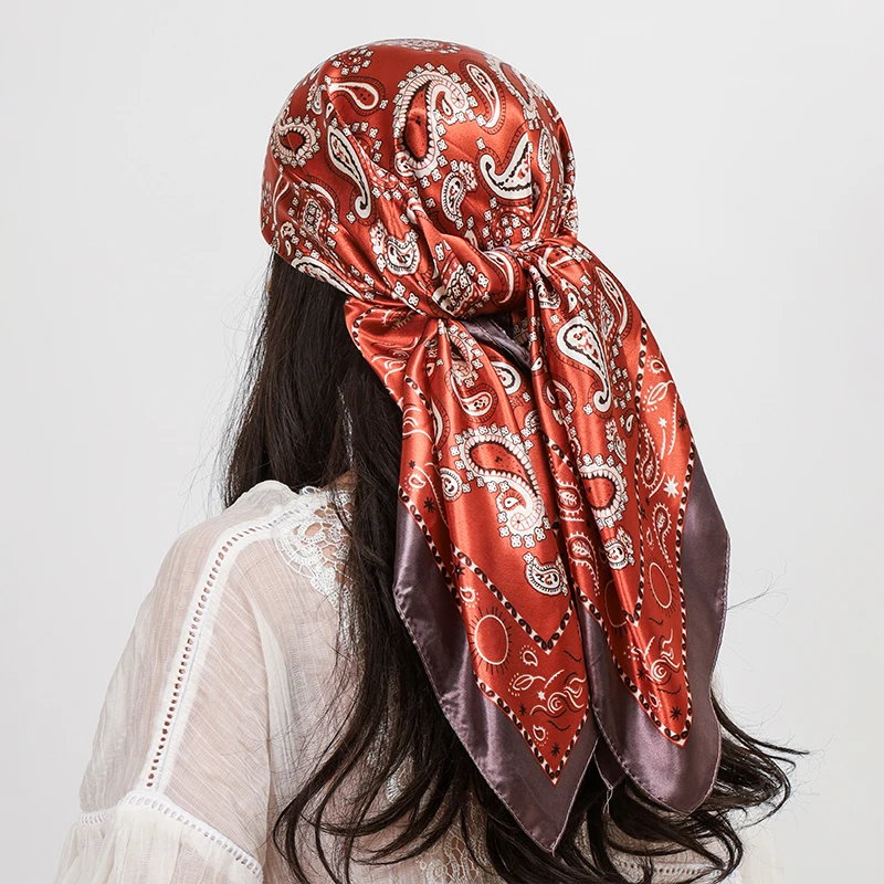 90 cm Platz Silk Schals Frauen Hijab Schals Paisley Cashew Blume Drucken Kopftuch Femme Kopf Schal Foulard Bandana Strand Pareo – Detail 15