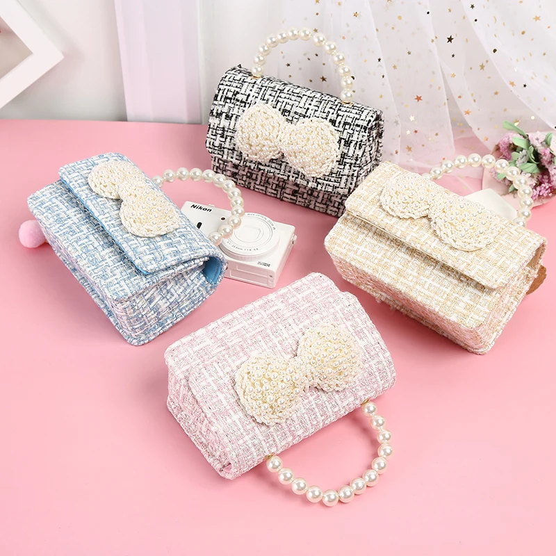 Süße Kinder Mini Handtasche Leinen Umhängetaschen für Mädchen Bowknot Münz beutel Tasche Baby Perle Griff Party Handtaschen Geschenk