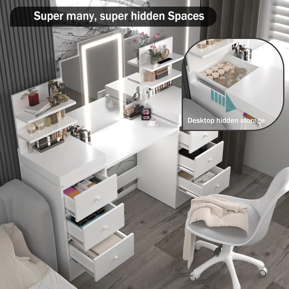 طاولة مكياج فانيتي مقاس 57.1 بوصة مع طاولة مرآة مضاءة مع مرآة ثلاثية الطي، 8 أدراج، 3 أوضاع إضاءة، أرفف تخزين مفتوحة، V