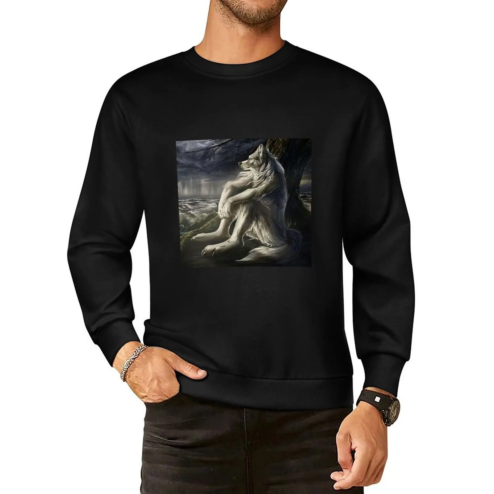 

emo wolf sitting Pullover Hoodie mens clothing korean clothes oversize sweatshirt