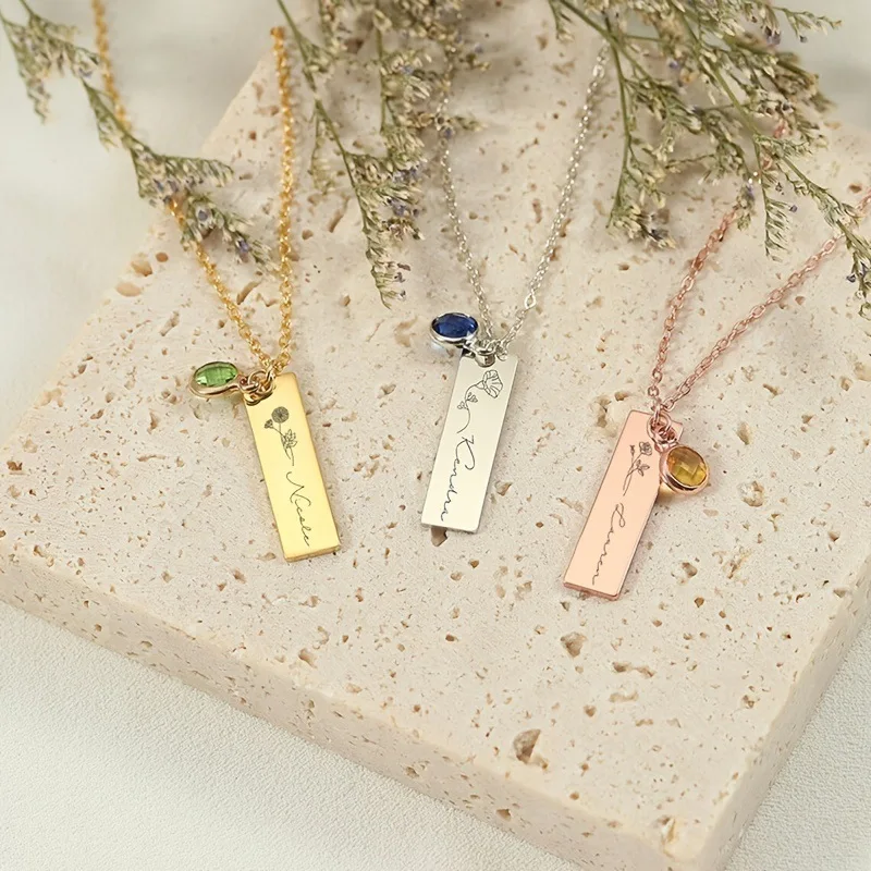 Personalized Birthstone Flower Name Necklace Stainless Steel DIY Custom Bar Necklace for Women Children Wedding Party Gift 2024