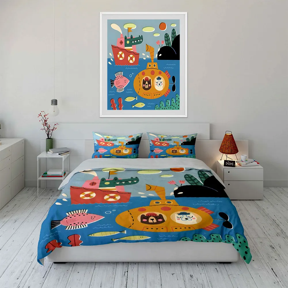 Animal submarine and crocodile ship Print Soft Comfortable Duvet Cover Bedding Set Included 1*Duvet Cover  2*Pillowcases