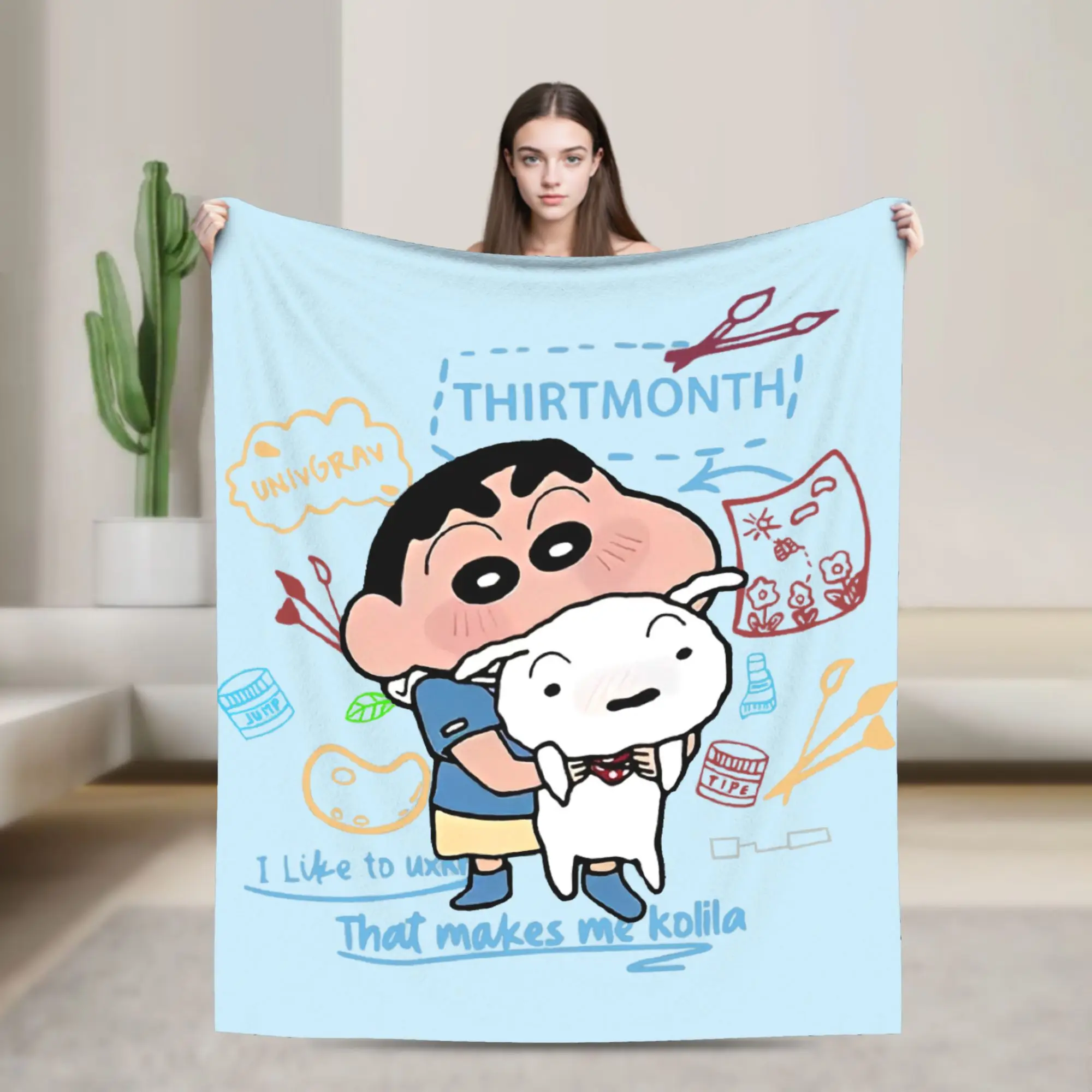 

Crayon Shin-Chan Holding Onto Shiro Fuzzy Blankets Custom Throw Blanket for Home 150*125cm Bedspreads