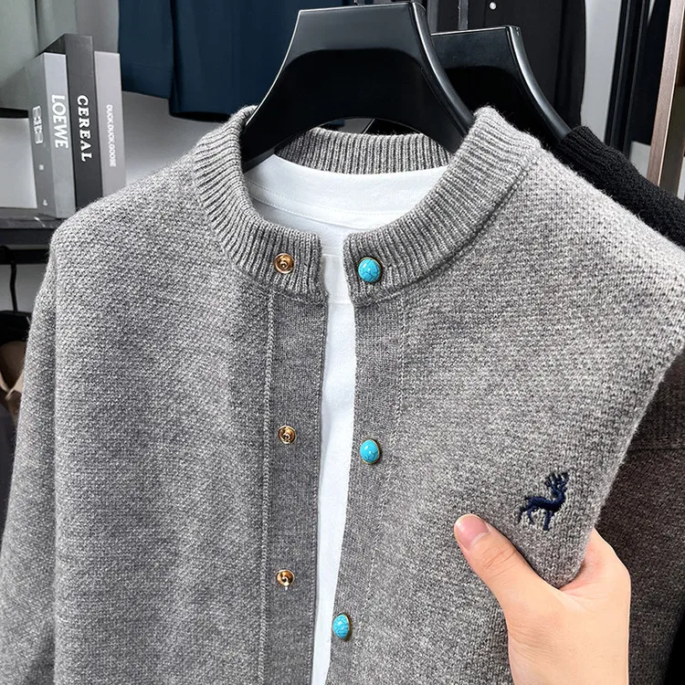 كارديجان مطرز مفتوح للرجال من بوليا، سترة محبوكة جديدة للربيع بياقة مستديرة، ملابس خارجية فضفاضة غير رسمية من ألياف البوليستر...