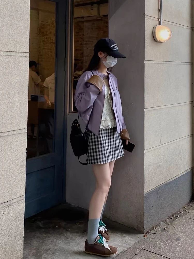 Jaqueta Feminina de Couro PU Roxo Taro para Primavera/Outono, Estilo Motociclista com Toque Sofisticado e Elegância Delicada