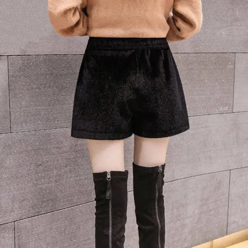 Solid Shorts Women Autumn Winter Soft All-match Side Slit Thicker Elastic Pocket High Waist Plush Warm Simple Office Lady