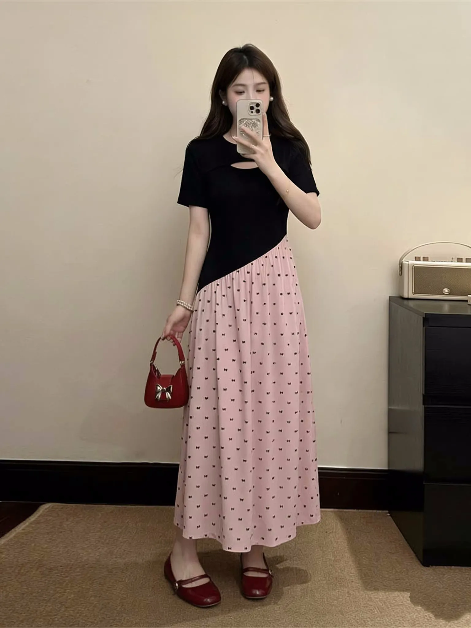 

Black And Pink Asymmetrical Short Sleeve T-Shirt Dress Women's plus Size Spring Summer New Style Commute Korean Version A-Lin...