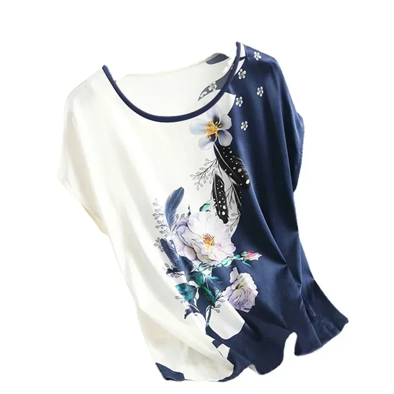 Casual Short sleeve Women Silk Satin Blouses Fashion Batwing sleeve Vintage Print Floral Blouse Ladies Tops