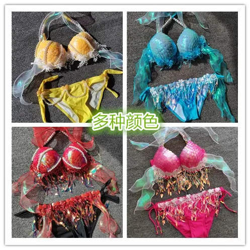 sequin bikini top bra, aquarium bar performance costume, fish tail skin