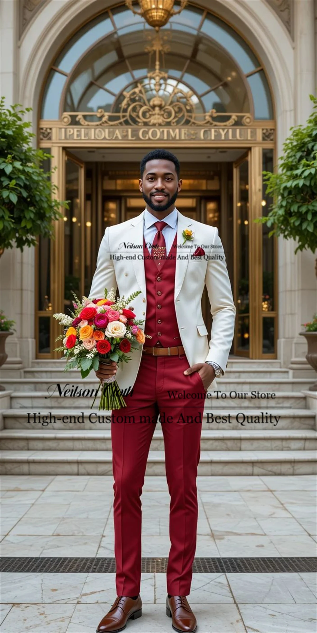 

Beige Jacket Male Prom Blazers 3 Pieces Sets Red Vest Pants Groom Wedding Tuxedos Customized Notched Lapel Terno Masculino