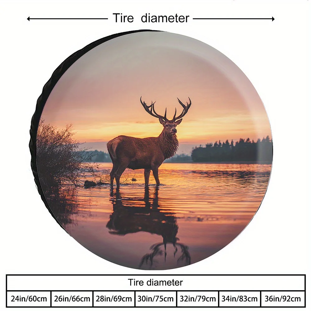 Sunset Deer Silhouette Tire Cover - Realistic Photography Design, Fit For Cars, SUVs, And Trucks, Enhances Vehicle Aesthetics Wi