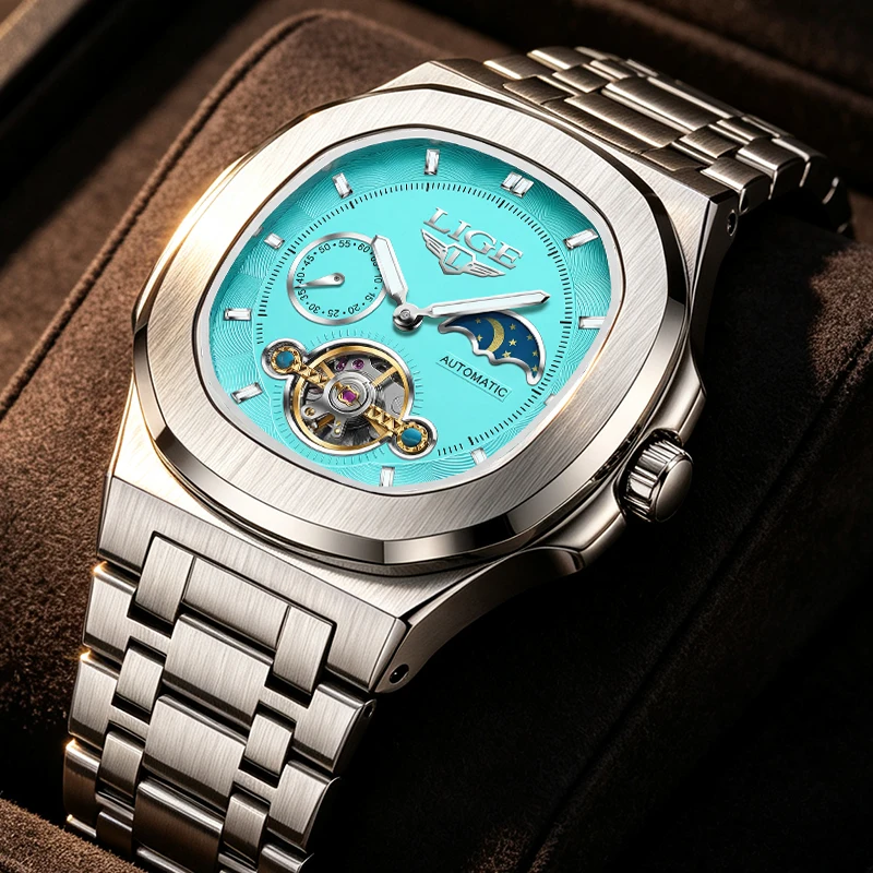 LIGE Luxury Men Mechanical Watch Automatic Self-Winding Waterproof Watches for Men Business Bracelet Wristwatch Montre Homme+BOX