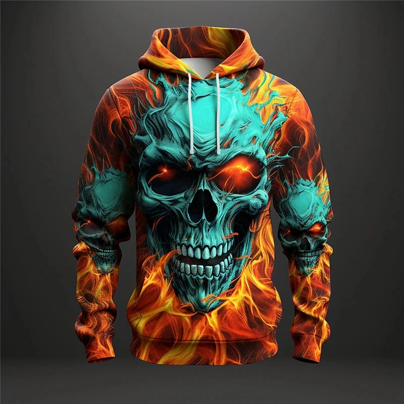 3D Print Flame Skull Graphic Hoodies For Men New In Long Sleeve Pullovers Sweatshirt Clothes Mens Sports Outdoor Tracksuit Tops