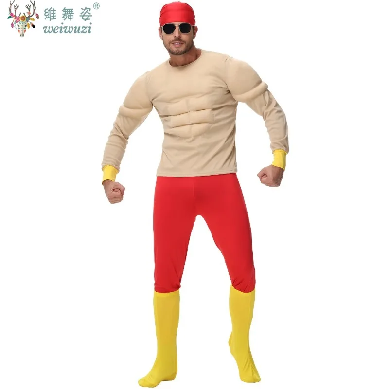 

New Stage performance Funny Happy Handsome Muscle Man Fake Abdominal Muscles Wrestler Hulk Hogan Costume Adult Fancy Costume