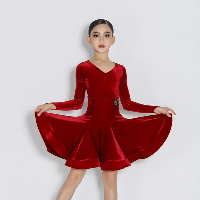 

2025 New Latin Dance Competition Clothing For Girls Red Velvet Outfits Chacha Rumba Tango Dress Kids Latin Stage Wear DQS19296