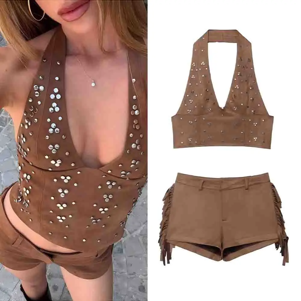 

Women's new fashion bead decoration short hanging neck top retro backless zipper women's vest chic top+shorts suit