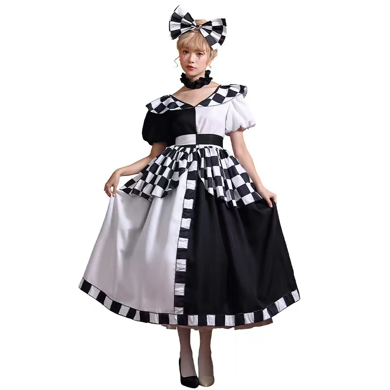 

Black And White Check Women Halloween Chess Queen Costume Female Circus Clown Cosplay Purim Carnival Role Play Show Party Dress