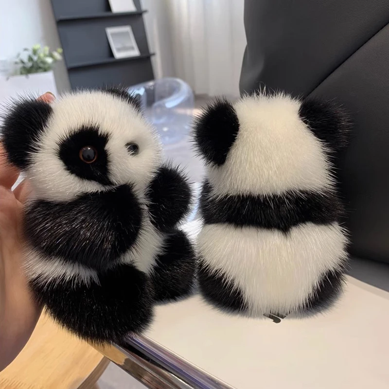 Boneka mewah Panda kecil wanita, ornamen tas Mink bulu imitasi Panda gantungan kunci mobil beruang lucu gantungan kunci mobil hadiah modis