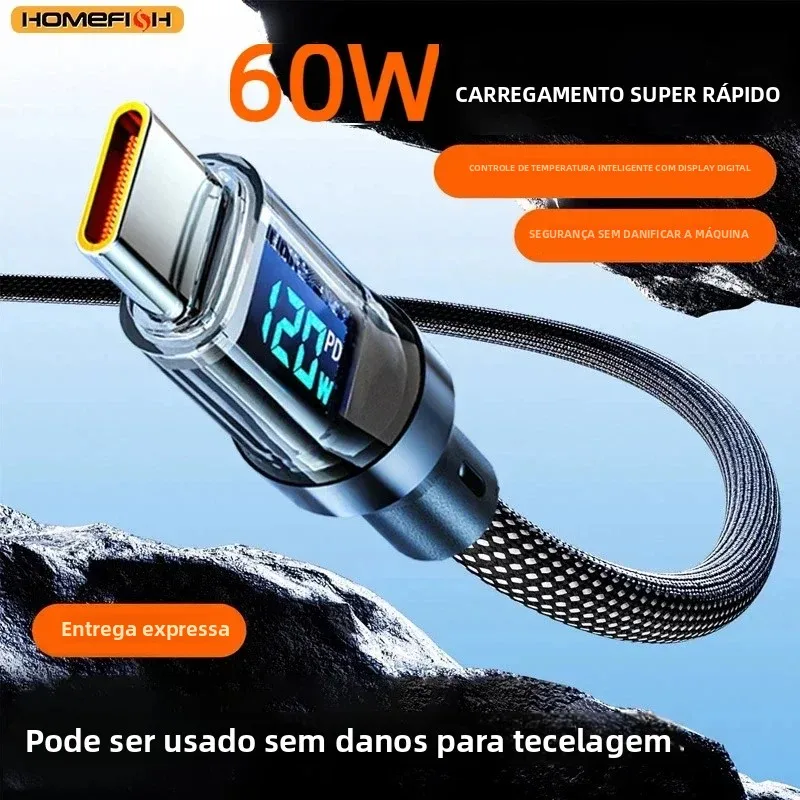Cabo de Carregamento Super Rápido HOMEFISH 60W USB-C com Display Digital, Fio Trançado Anti-Fratura, Compatível com Máximo de 120W