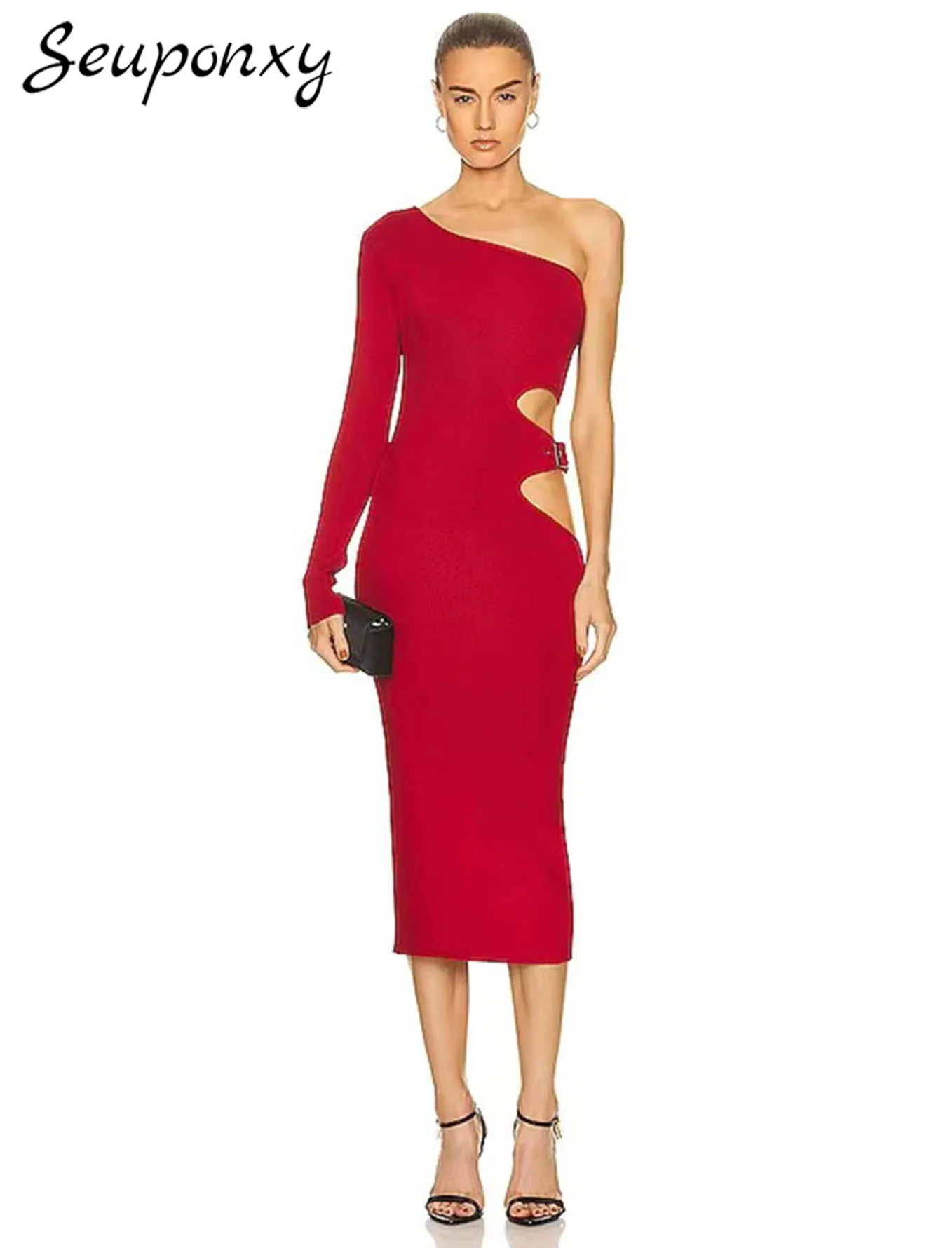 

High Quality Red Sexy Hollow Out One Shoulder Long Sleeve Women'S Bodycon Bandage Dress 2023 New Elegant Evening Party Dresses