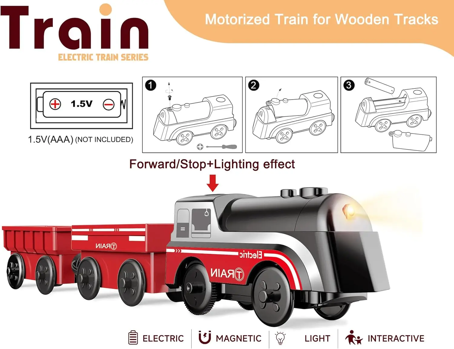 قطار بمحرك للمسار الخشبي مجموعة ألعاب القطار المكونة من 3 قطع، قطار يعمل بالبطارية متوافق مع توماس والأصدقاء، بريو وشوجينجتون
