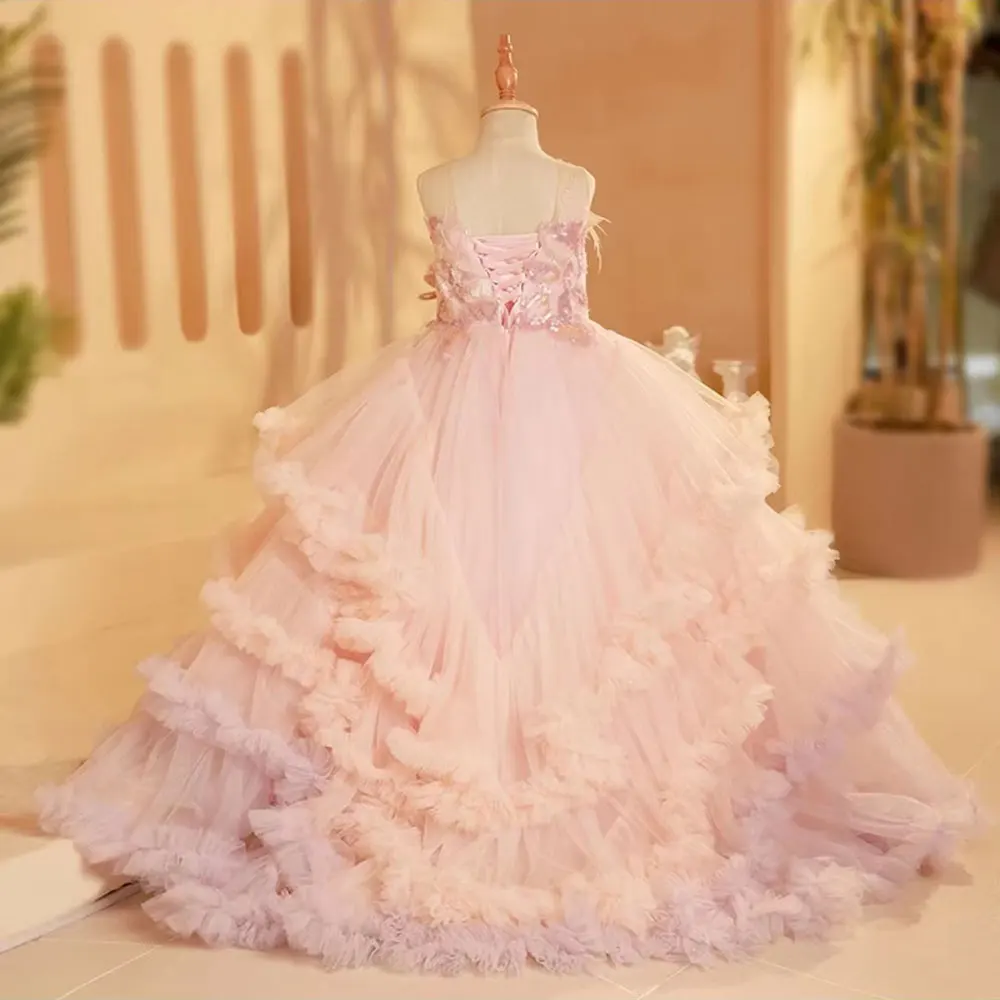 Vestido de lujo para niña de las flores, plumas, princesa árabe, boda, fiesta de cumpleaños, vestido de baile, comunión, J246, 2024