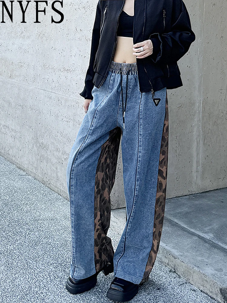 

NYFS 2024 Autumn New European American Vintage Leopard Woman Jeans Loose Plus size Elastic Waist Thicken Denim Trousers