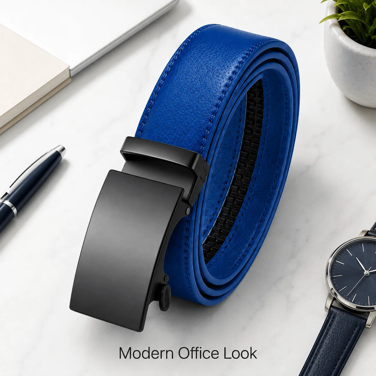 Men's 3.5cm Adjustable Ratchet Belt, PU Leather Smooth Matte Black Alloy Buckle, No Track Quick Release Daily Business Casual