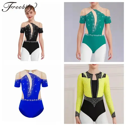 Leotardo de gimnasia para niñas y niños, mono de gimnasia de malla transparente, mono de patinaje artístico, Leotardos de baile de Ballet de manga corta