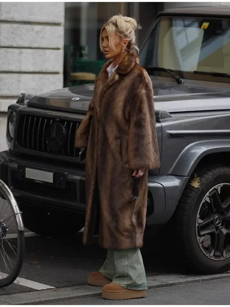 المرأة واحدة الصدر الصوف خندق معطف ، فو الفراء معطف طويل ، الدافئة أفخم معطف ، البني الداكن ، الشتاء ، جديد ، 2023 #6