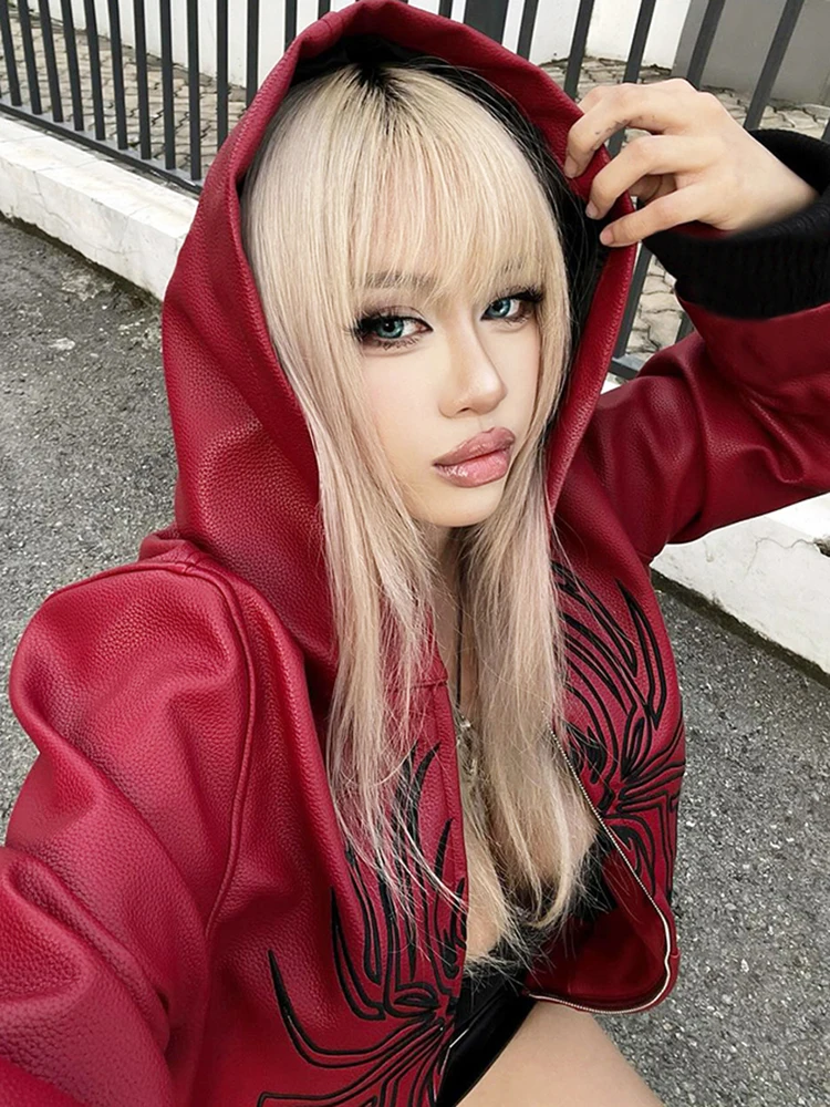 

Macheda Hipster Leather Zip Hooded Jacket Women Print Patchwork Full Sleeve Streetwear Autumn Hottie Locomotive Style Crop Coat