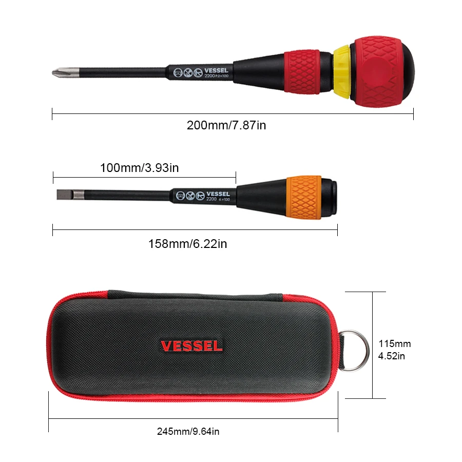 VESSEL 3 PCS Ratchet Screwdriver Set with Tool Bag 36 Gears 2in1 Cross Slotted Screwdriver 2200 +2X100  -6X100+Bag