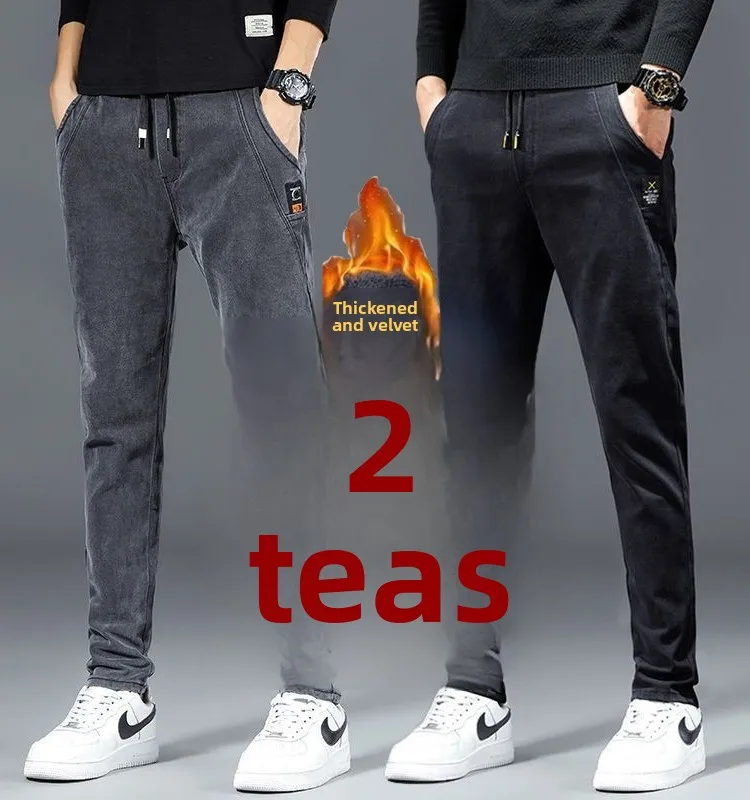 

Winter Fce Lined Elastic Waist Jeans Men's Slim Straight Casual Work Trousers Warm Wear Resistant Long Pants