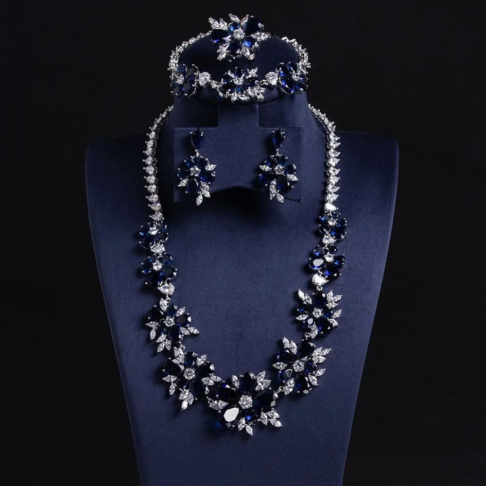 4pcs Luxury Bridal Wedding Necklace Earrings Bracelet Ring Flower Zircon Jewelry Set for Women Bride Party Prom Accessories