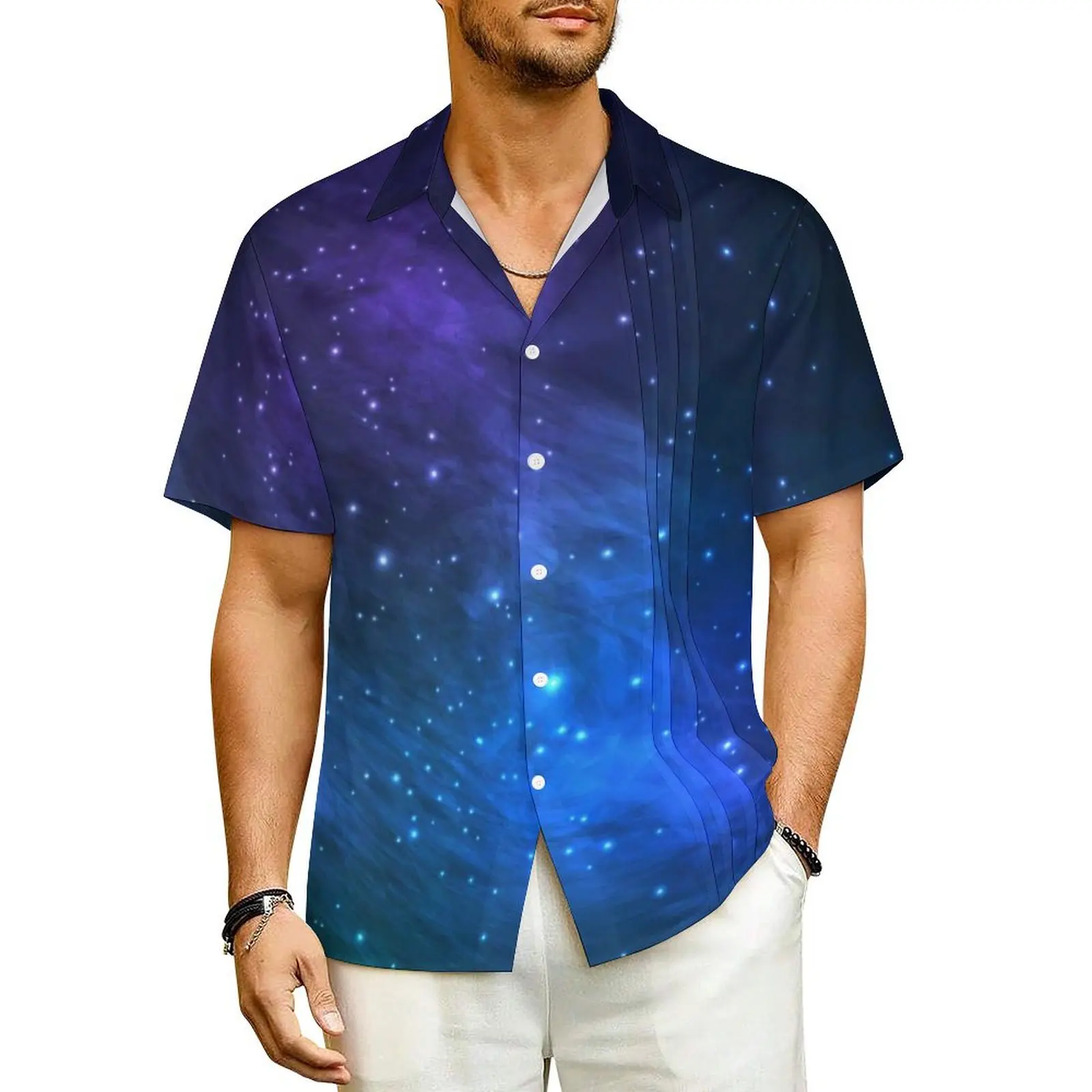 

Galaxy Casual Shirt Green and Blue Cosmic Trendy Hawaiian Shirts Male Short Sleeve Vacation Streetwear Design Oversize Blouses