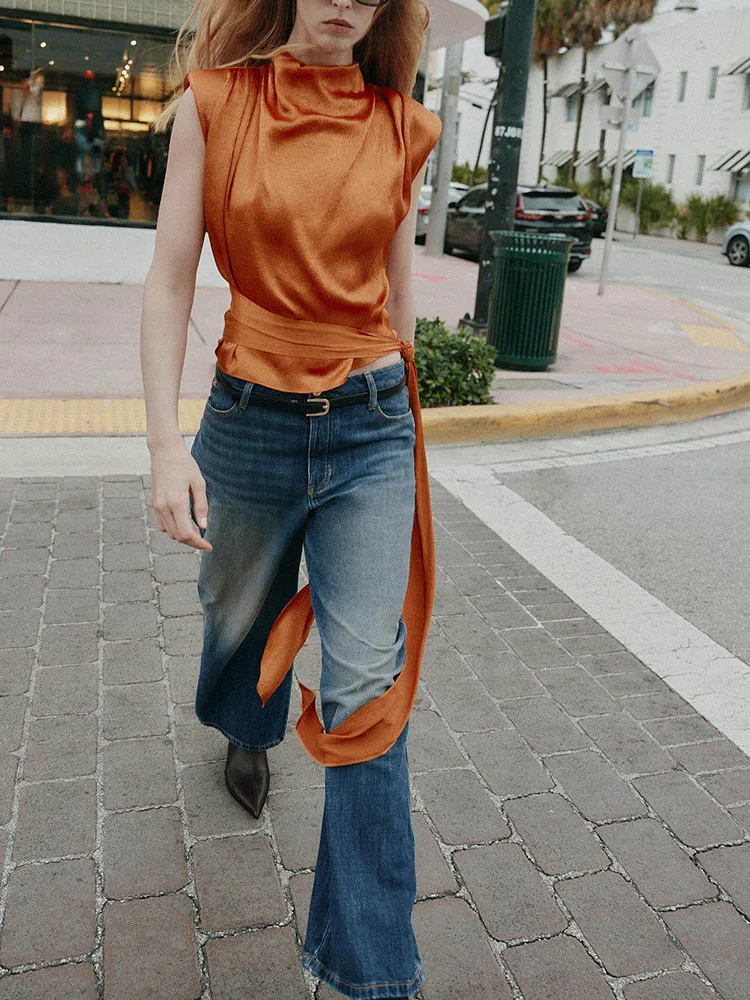 

Spring 2026 Women's High Collar Svel Silk Satin Knot Top Quali Material Ethnic Stage Costume Faionable