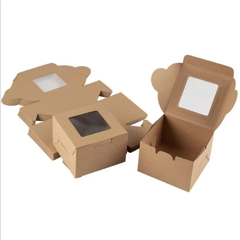 Cajas de panadería de papel Kraft, embalaje de caja de pastelería individual con ventana de exhibición transparente, Mini pastel de Donut, rebanadas de pastel, cajas de golosinas de postre