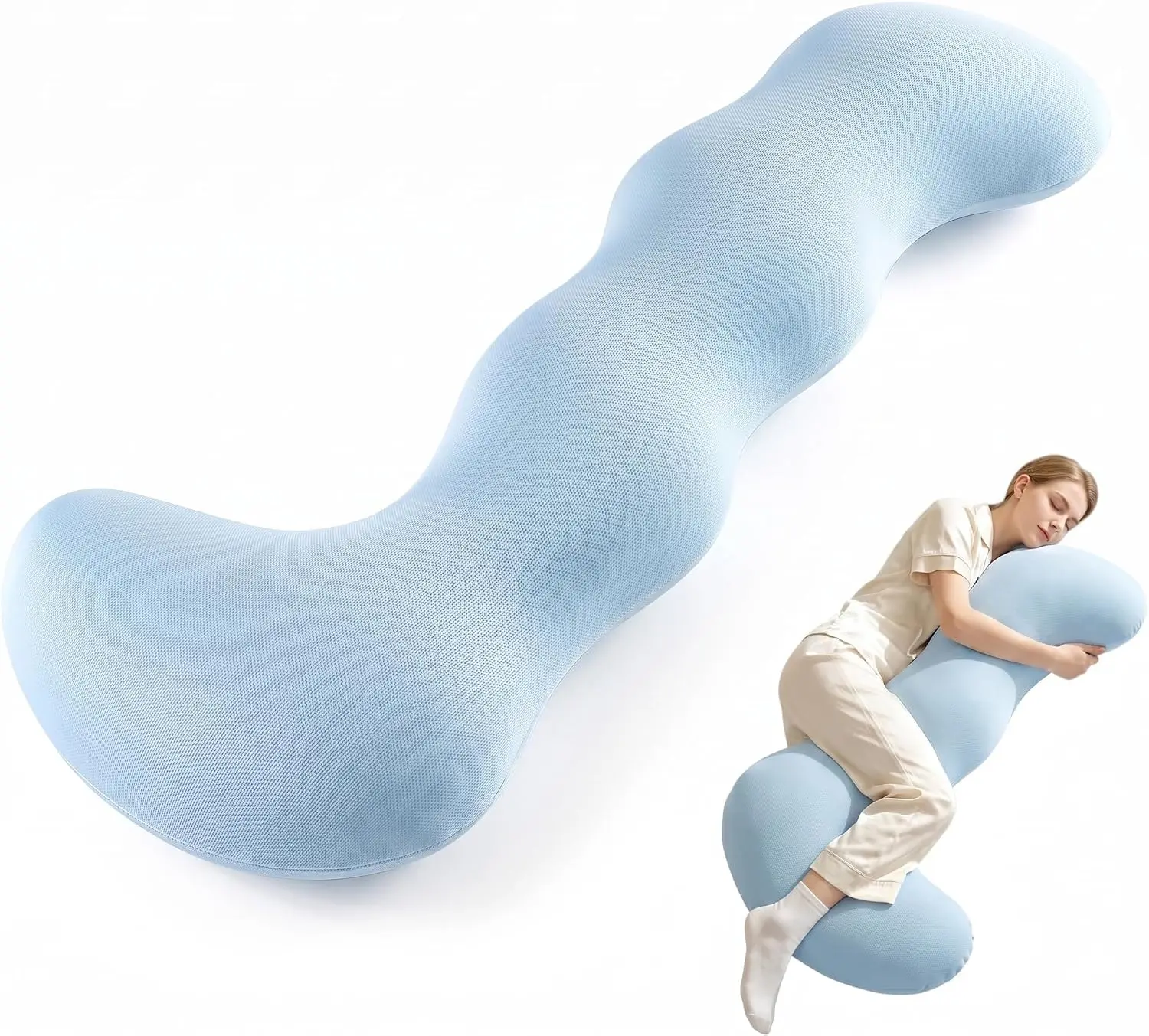 Plus+ Cooling Pillow for Side Sleepers, Breathable Pregnancy Maternity Long L Shaped Hugging Pillow, Skin-Friendly Support Cushion with Removable Cover for Full Body & Leg Support，Blue
