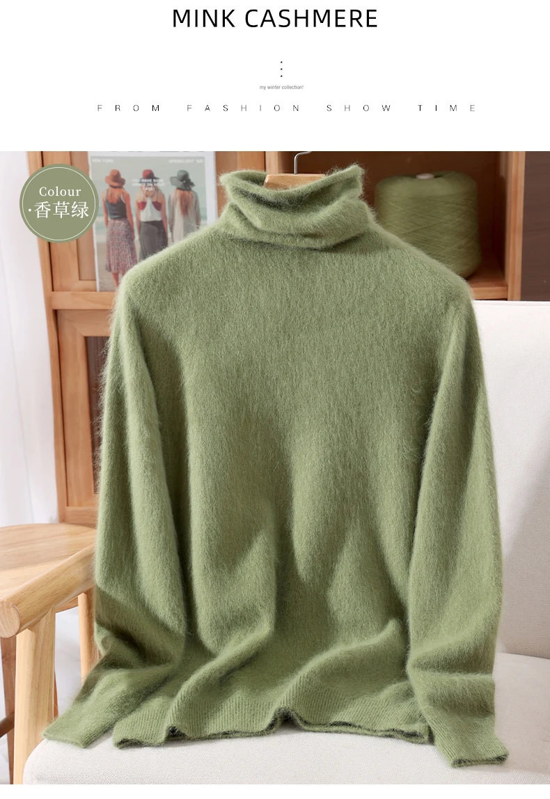 100% Pure Mink Fur Sweater Women's Pullover High Neck Knitted Sweater Autumn Winter New Item Pile Collar Thick Soft Base Sweater