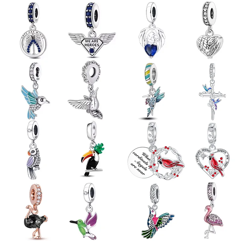 925 فضة البومة فلامنغو نقار الخشب ريشة charms صالح الأصلي باندورا سوار حلية حبة قلادة Diy بها بنفسك الإناث مجوهرات