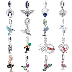 925 sterling silver owl flamingo woodpecker feather charms fit  original bracelet charm bead necklace Diy female jewelry