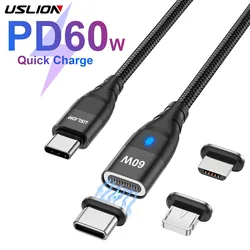 USLION-PD 60W 마그네틱 고속 충전기 케이블, 아이폰 14, 13 프로 맥스, 샤오미 12 포코 USB c형, 맥북용 데이터 충전 와이어