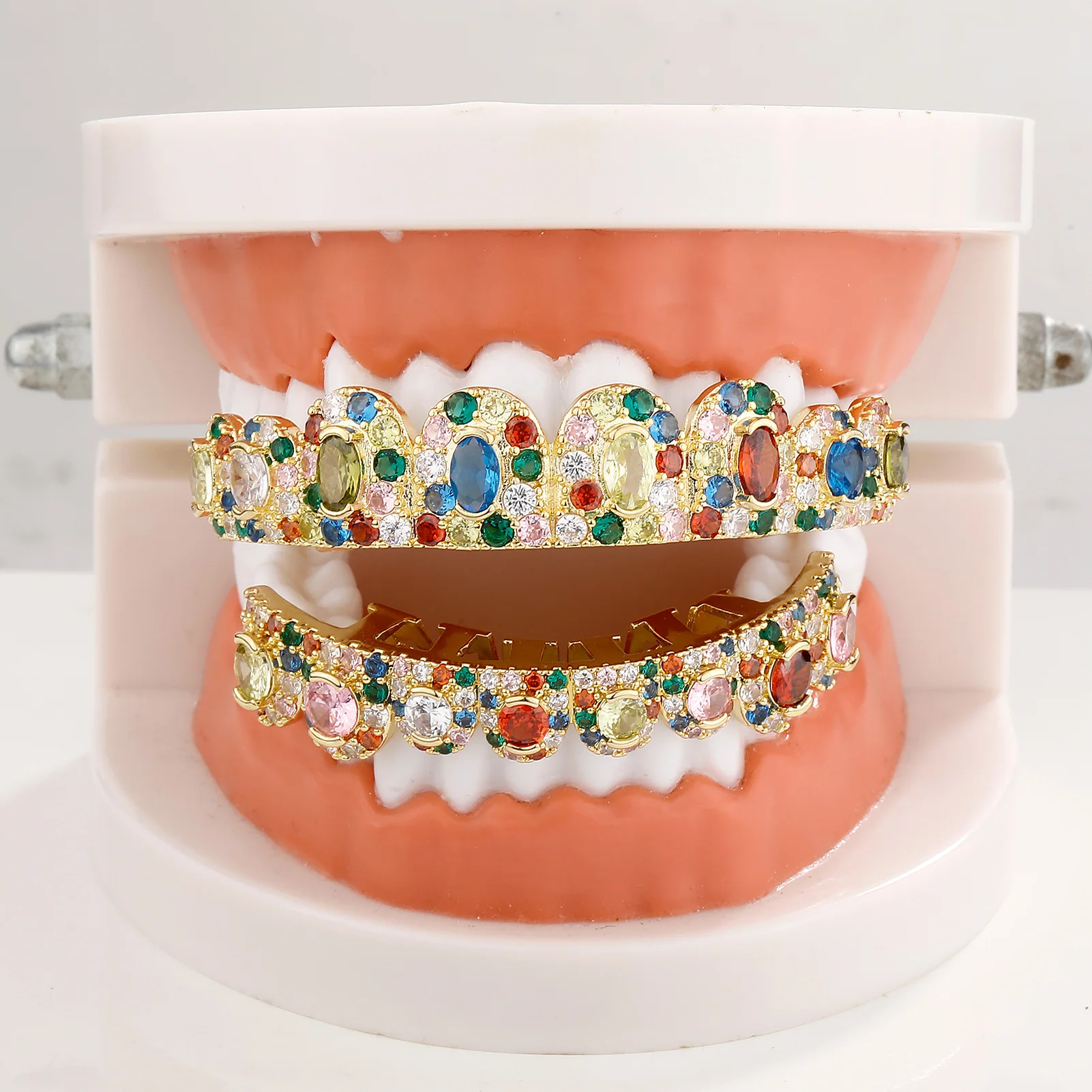 JINAO Hip Hop Full Iced Out 8 Teeth round Colourful Set Grillz Men Women Top&Bottom Grill Punk Rapper Halloween FLame Cosplay - view 4