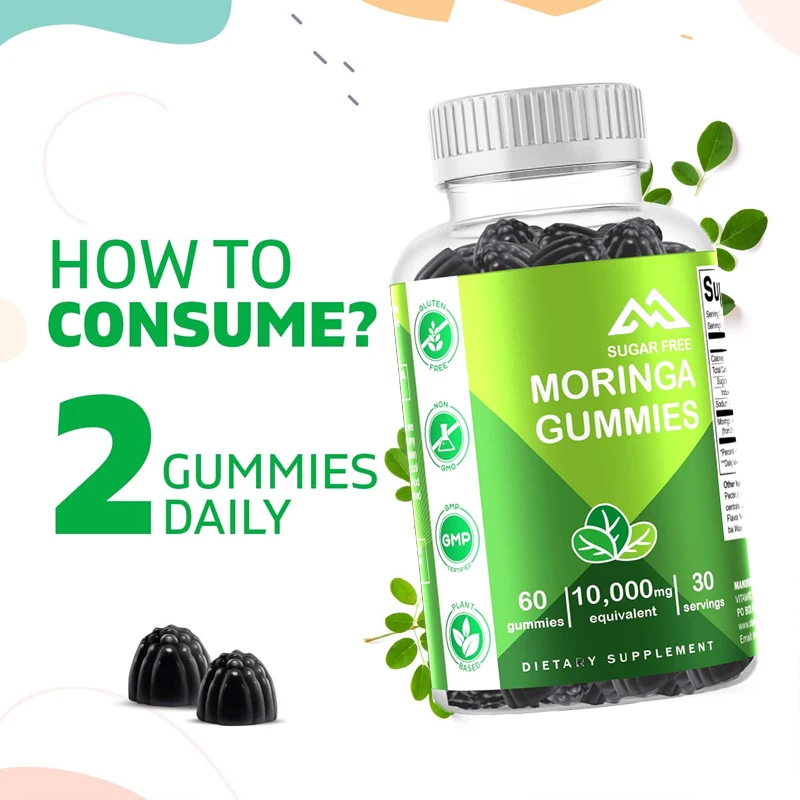 Vitamin sugar free Moringa gummies -10000 milligrams per serving - complete green superfood with 60 pectin gummies