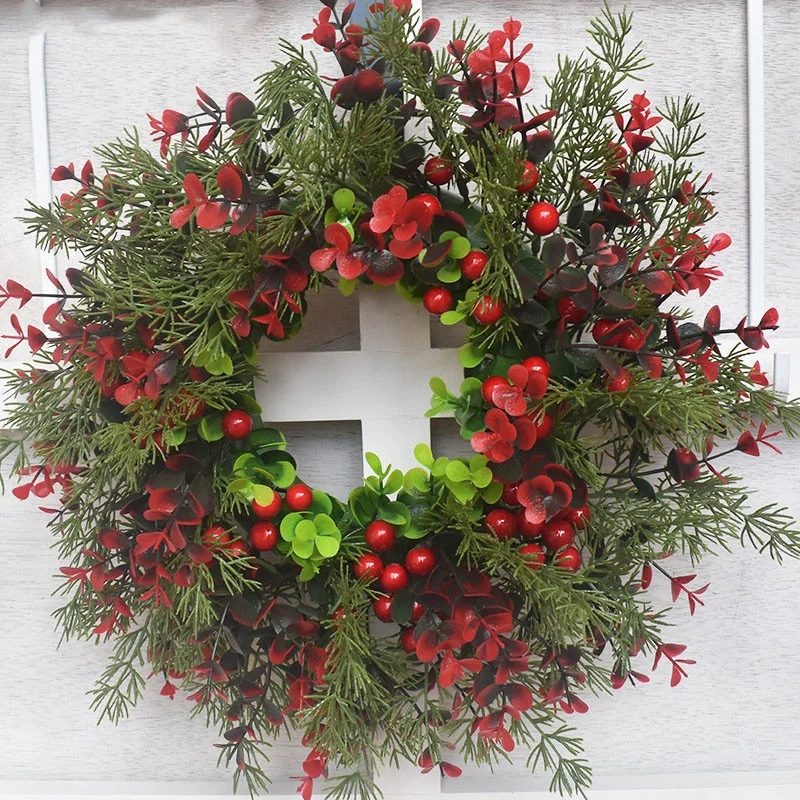 

1Pc, Charming 16in Christmas Wreath with Red Eucalyptus Berries - Perfect for Front Door, Fireplace Mantle & Window Decor