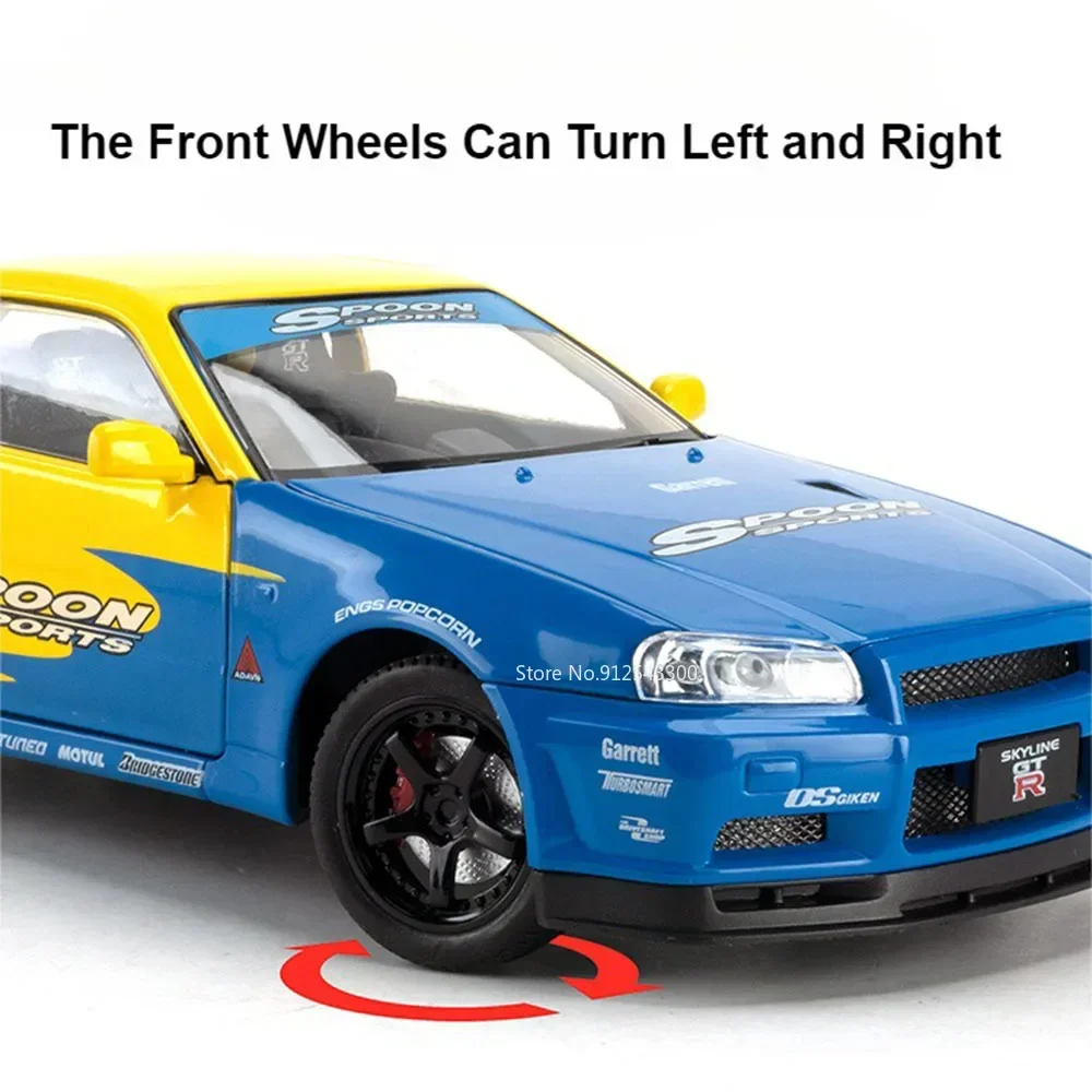 1:24 GTR SKYLINE R34 Automodel Speelgoed Licht Geluid Trek Deuren Geopend Miniatuur Straatwagen Modellen Collectie Cadeaus voor Kinderen